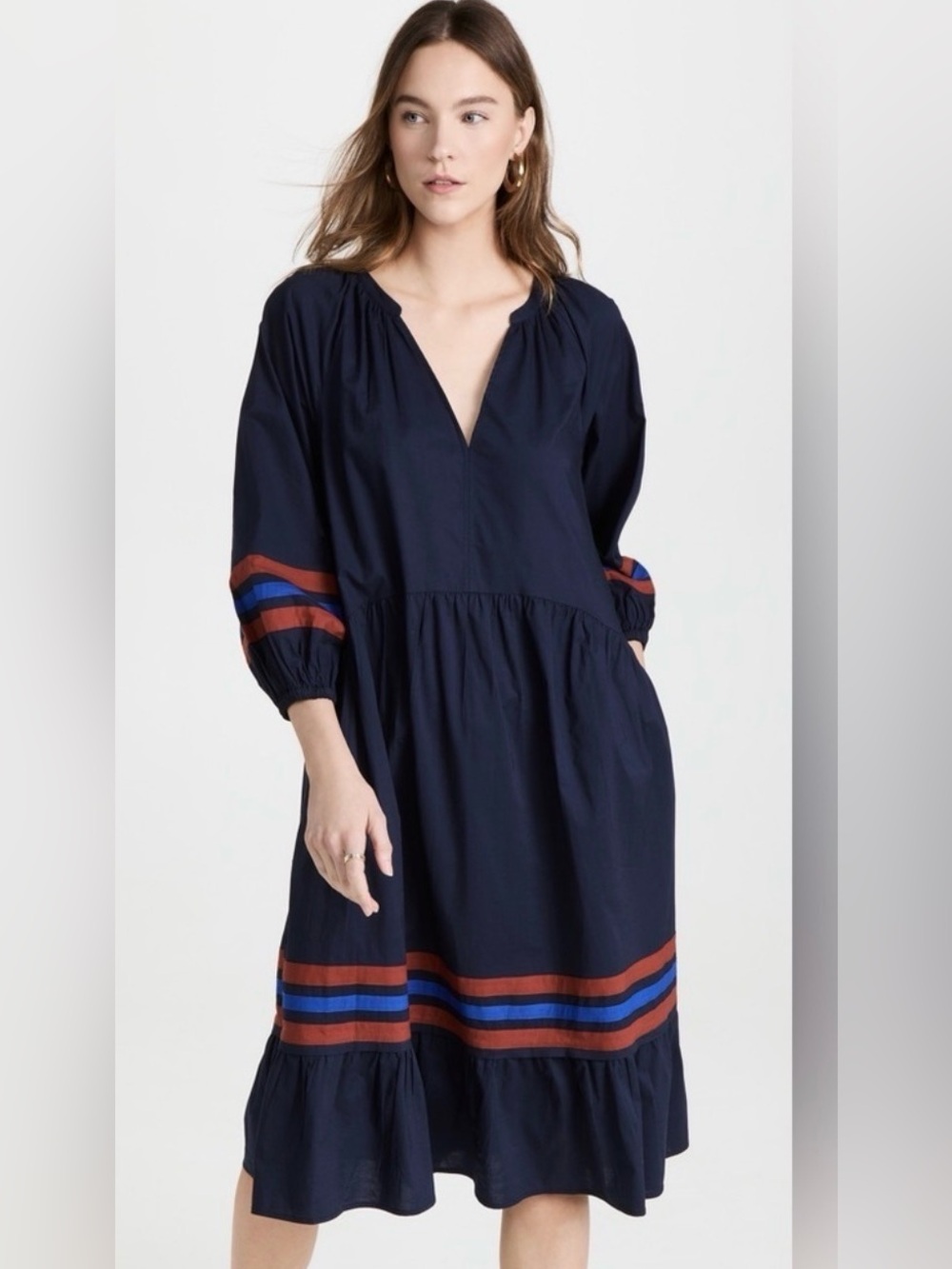 Sundry Navy Long-Sleeve Tiered Midi Dress with Rust & Cobalt Stripes